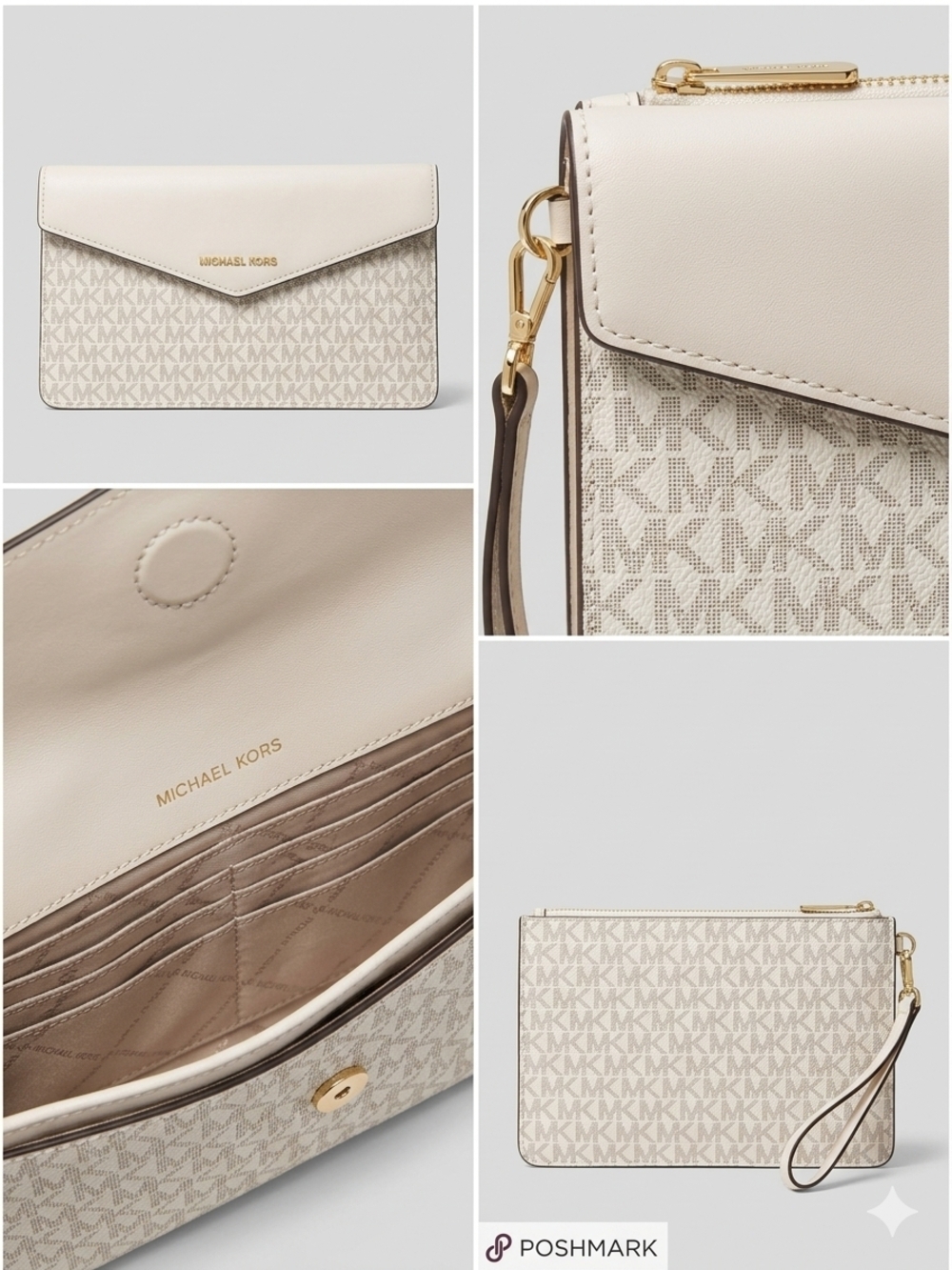 Michael Kors Cream Logo Envelope Wristlet with Gold Hardware